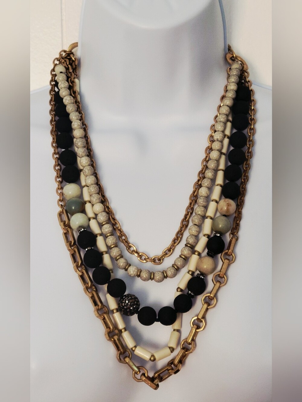 Susan Graver Layered Black, Beige & Gold Multi-Strand Necklace